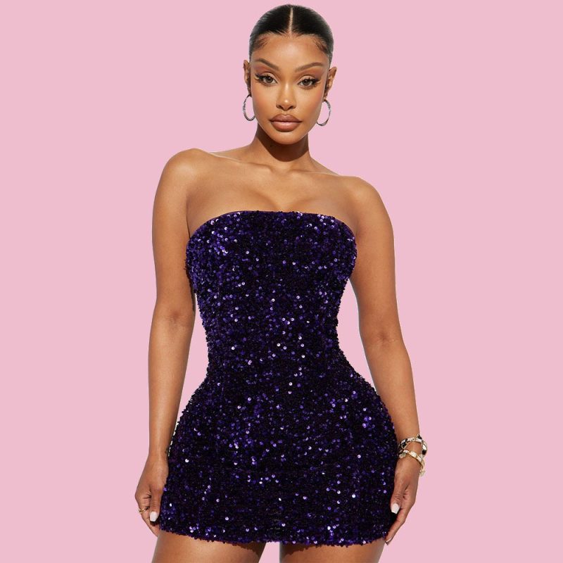 Summer Women Wear Tube Top Hip Dress Sexy Socialite Sequ Dress - Image 3