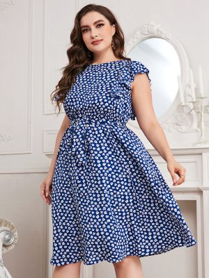 Plus Size Autumn Neck Office Printed Blue Chiffon Dress Expose Clavicle Short Vest Puls Size