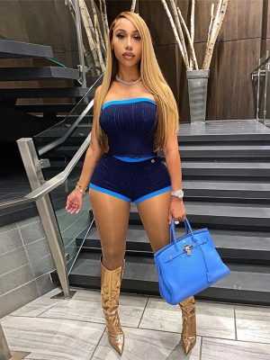 Women Spring Clothing Patchwork Contrast Colors Slimming Tube Top High Waist Tight Shorts Set for Women