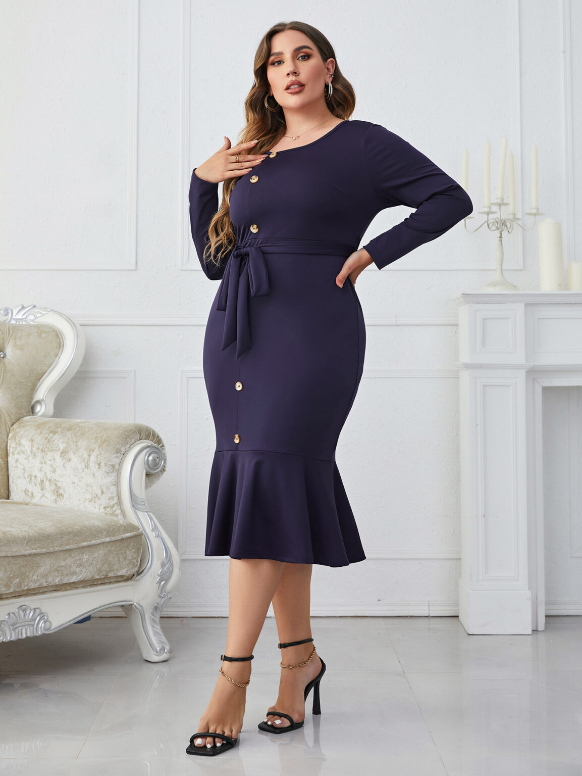 Popular Long Sleeve Series Belt Long Sheath Fishtail Dresses - Image 4