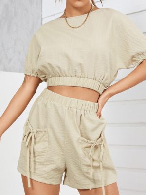 Summer Cotton Linen Women  Casual Backless Design Knotted Top Shorts Suit