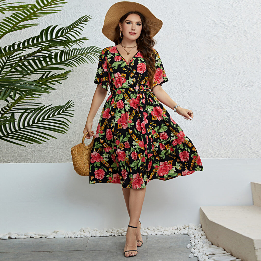 Popular Summer Rose V neck Waist Controlled Slimming Dress