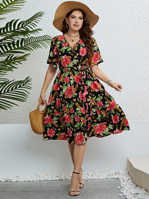 Popular Summer Rose V neck Waist Controlled Slimming Dress