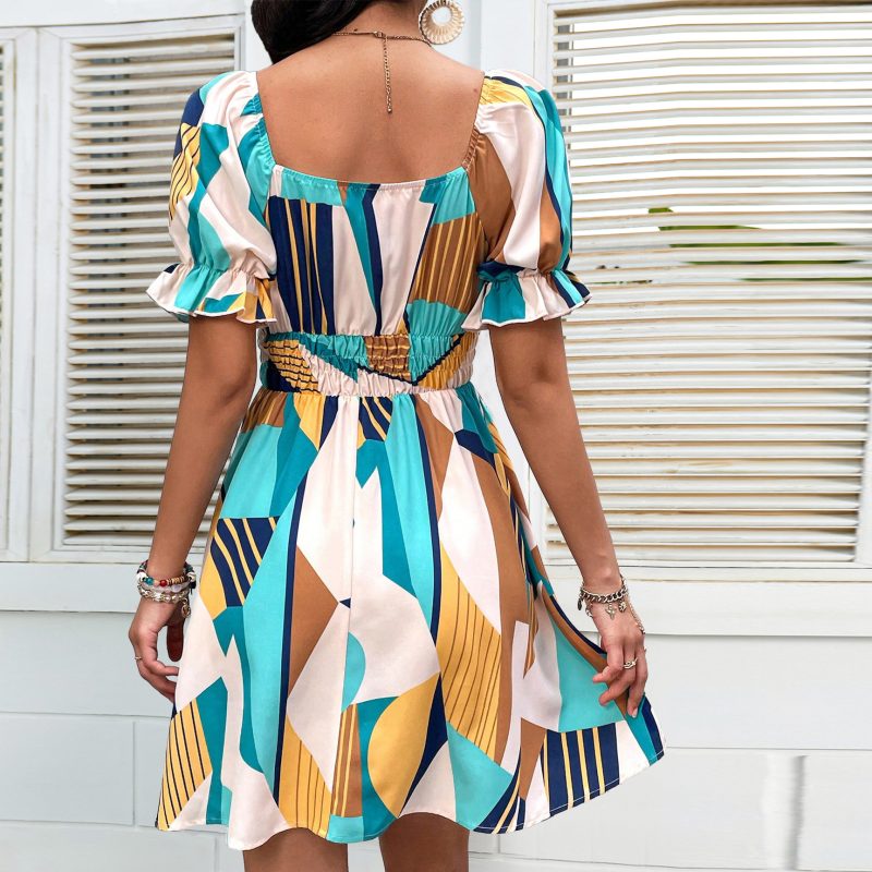 Self Developed Vacation Geometric Abstract Figure Contrast Color Slim Fit Backless High Waist Slimming Puff Sleeve Women  Dress - Image 3