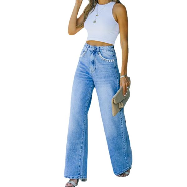 Petal Pocket Casual Wish Loose Washed-out Denim Pants for Women - Image 4