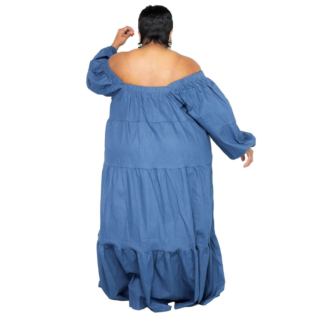 Plus Size Solid Color Denim Fabric Soft Women Swing Ruffled off-the-Neck Dress for Women - Image 2