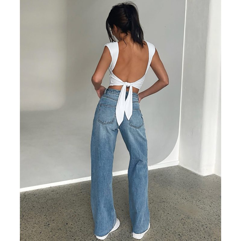 Women Clothing Sexy Slim Solid Color Lace up Backless Top - Image 2