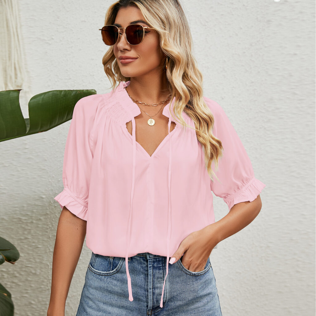 Lace Up Princess Sleeves Pleating Chiffon Blouses Women - Image 3