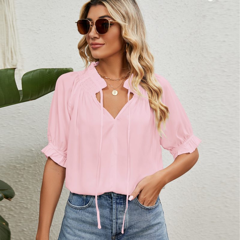 Lace Up Princess Sleeves Pleating Chiffon Blouses Women - Image 3