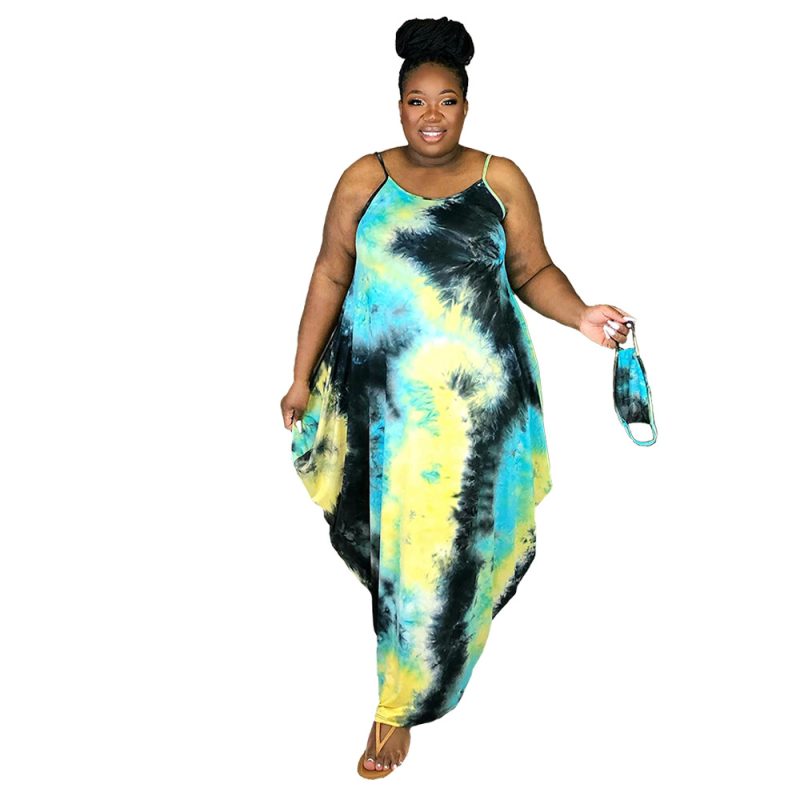 Plus Size Sundress Women Clothes Popular Tie-Dye Printed Loose Strap Ladies Irregular Asymmetric Dress - Image 4