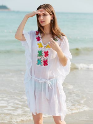 Hand Crocheting Slubbed Fabric Loose Waist Light Breathable Sun Protection Seaside Beach Cover up Dress