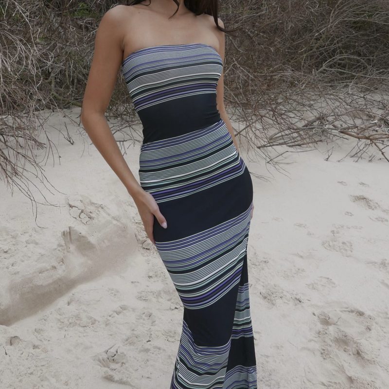 Contrast Color Striped Sexy Bandeau Sling Maxi Dress Women  Summer High Grade Tight Waist Sheath Fishtail Dress - Image 3