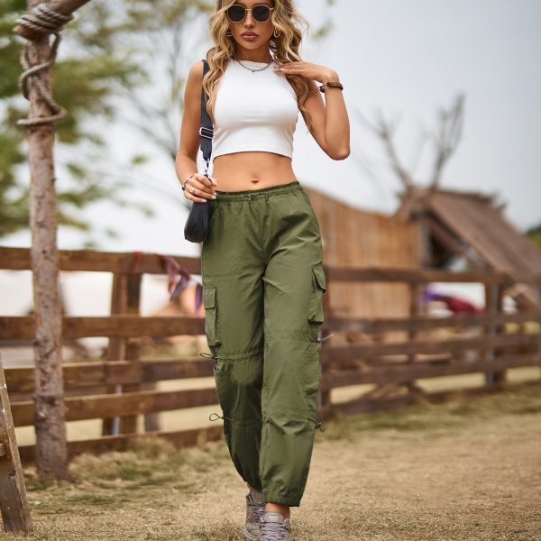 Multi Pocket Ankle Tied Lace Up Adjustable Straight Cargo Pants Casual Pants Women - Image 4