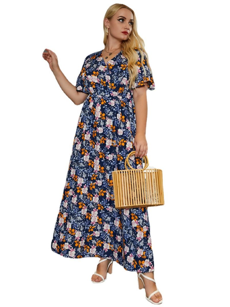 Plus Size Ladies  Summer V-neck Print Casual Flare Sleeve Slimming Large Hem Dress - Image 5