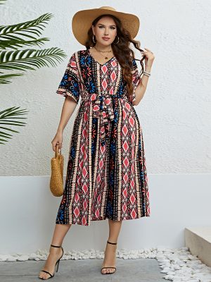 Summer V neck Printed Lace up Waist Dress Women