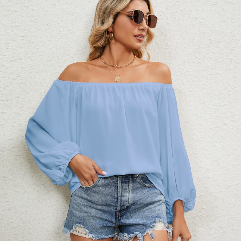 Women Solid Color Off Neck Chiffon Top - Image 4