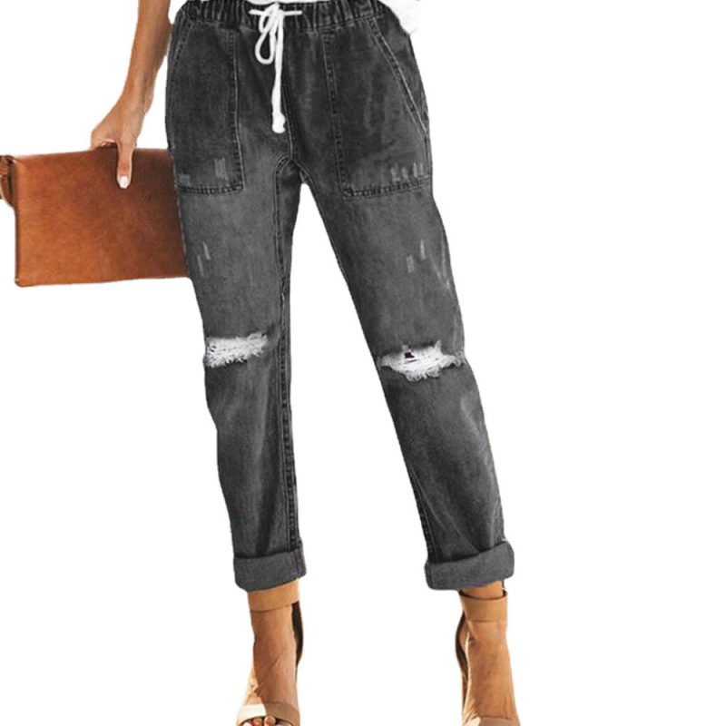 Autumn Wish Drawstring Elastic Waist Ripped Denim Pants Casual Pants For Women - Image 4