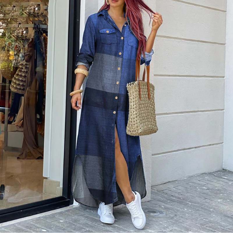 Women Clothing Spring Summer Printed V neck Single Breasted Office Irregular Asymmetric Dress
