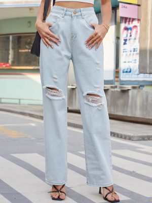 Women Clothing Trade Washed Light Retro Casual Ripped Denim Trousers Women