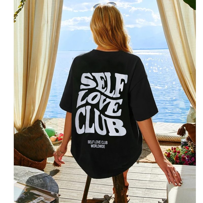 Fast Casual Black T Shirt Simple Round Neck Short Sleeve Women Top Loose Printed - Image 3