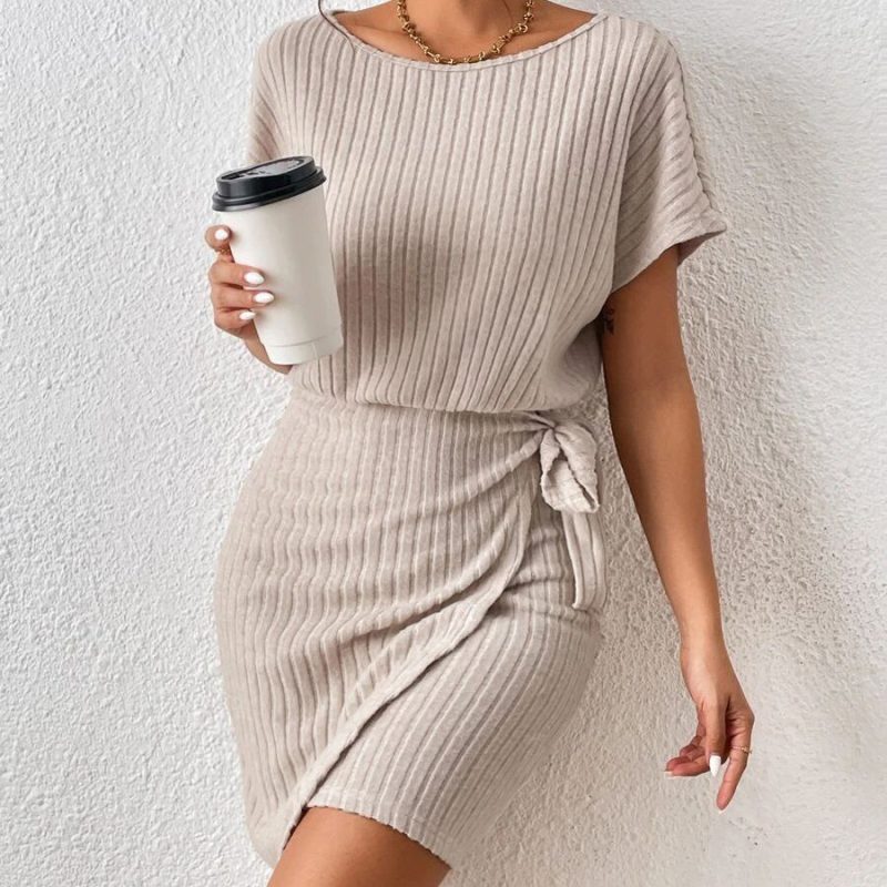 Dress Mid Length Irregular Asymmetric Design Lace up Short Sleeve Loose - Image 2
