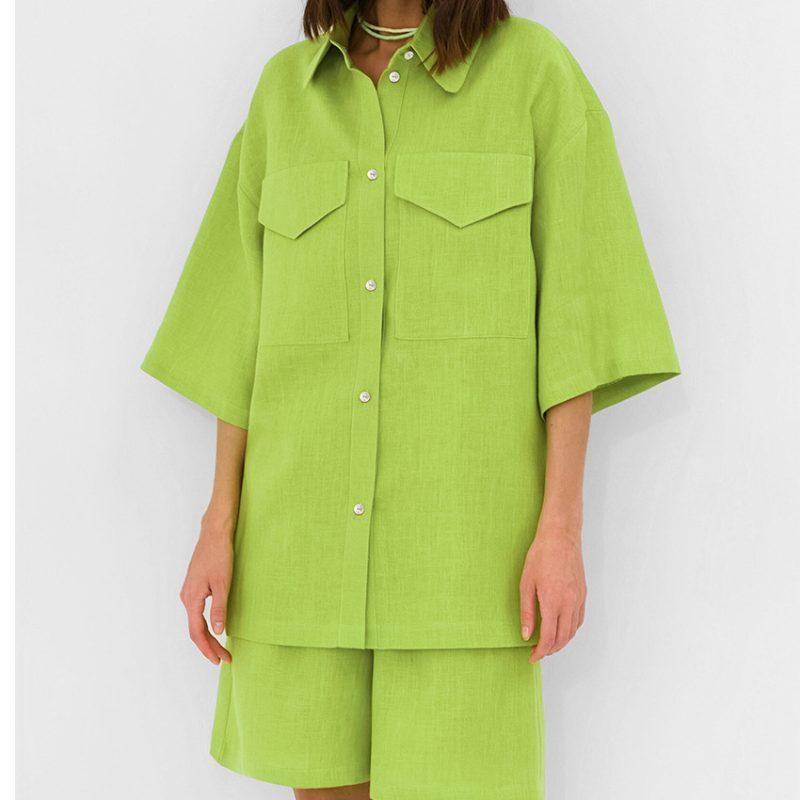 Solid Color All Match Office Collared Drop Shoulder Twet Outfit Summer Straight Shorts Set - Image 4