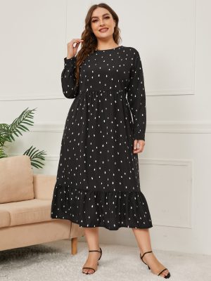 Plus Size Autumn Winter Printing Long-Sleeve round-Collar Dress