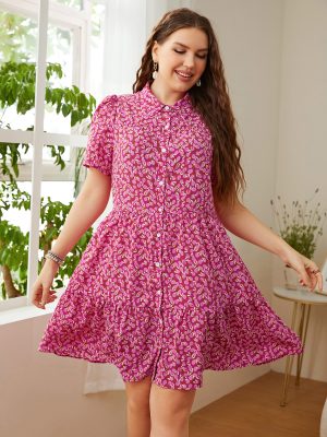 Plus Size Women Clothing Arrival Best-Selling Pink Floral Loose Dress