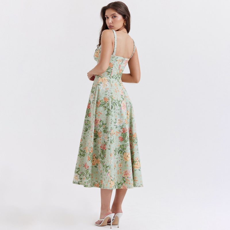 Summer Women Clothing Floral Slip Dress Sexy Backless Slit Mid Length Vacation Dress for Women - Image 3
