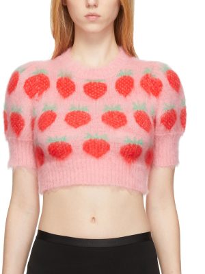 Fall Women Clothing Cropped Strawberry Mohair Short Slim Fit Sweet Knitted Women T shirt Short Sleeve Top