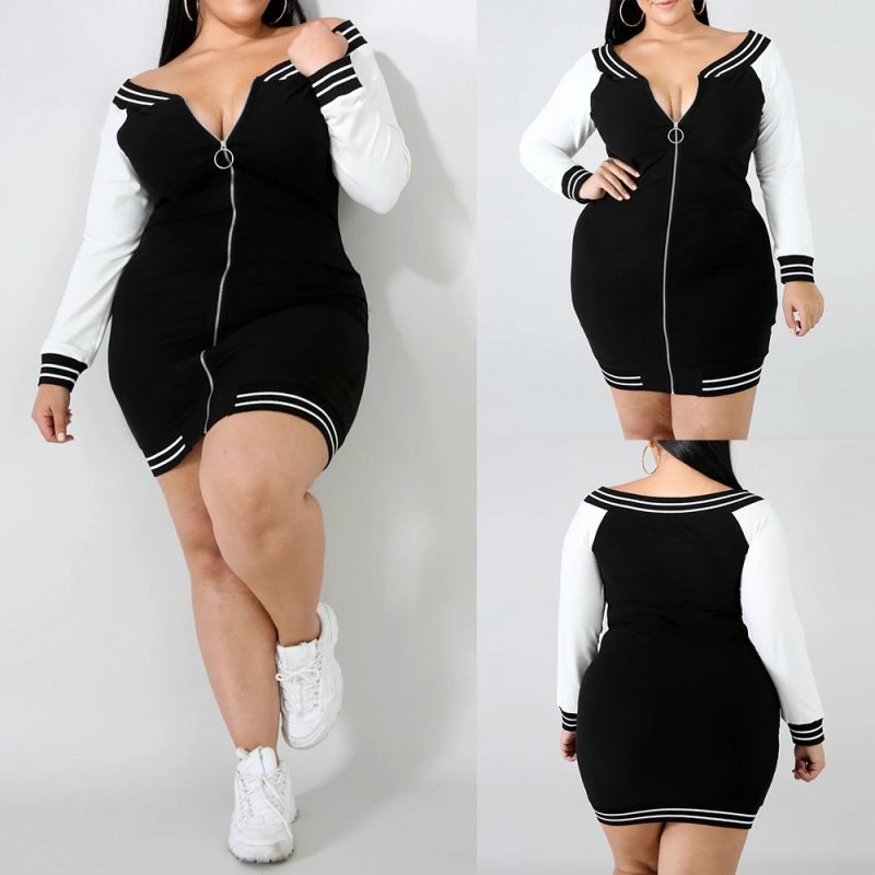 Plus Size Autumn  Women Long Sleeve Color Zipper Dress Mid-Length - Image 2
