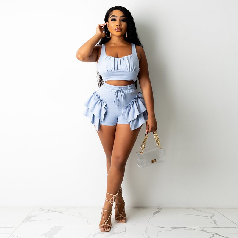 Fashion Casual Sports Solid Color Stringy Selvedge Vest Shorts Plus Size Women Two- Piece Suit - Image 4
