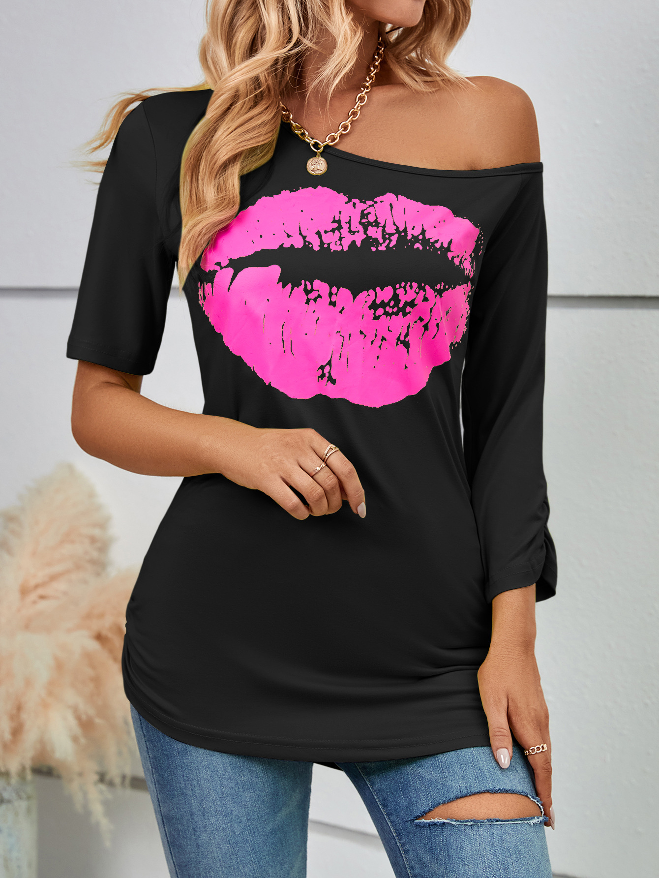 Rose Red Lip Print on Black Background