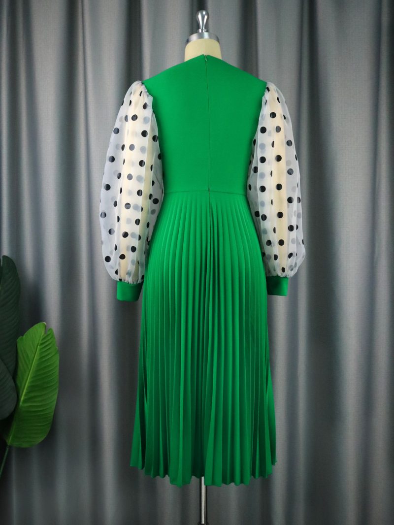 Round Neck Hollow Out Cutout Out Rest Pleated Office Polka Dot Lantern Sleeve Dress - Image 4
