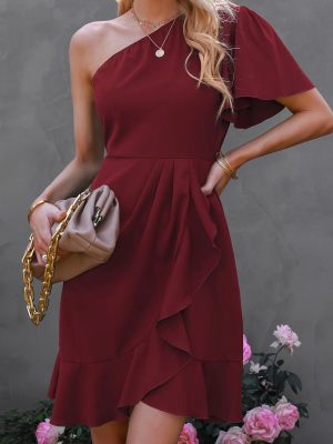 Dress Summer Solid Color Single Side Sleeve Off Shoulder Ruffled Solid Color High Waist Off Shoulder Midi Dress