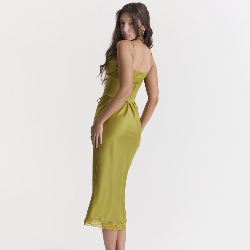 Women Clothing Satin Lace Slim Fit Patchwork Backless Dress Sexy Strap Dress - Image 4