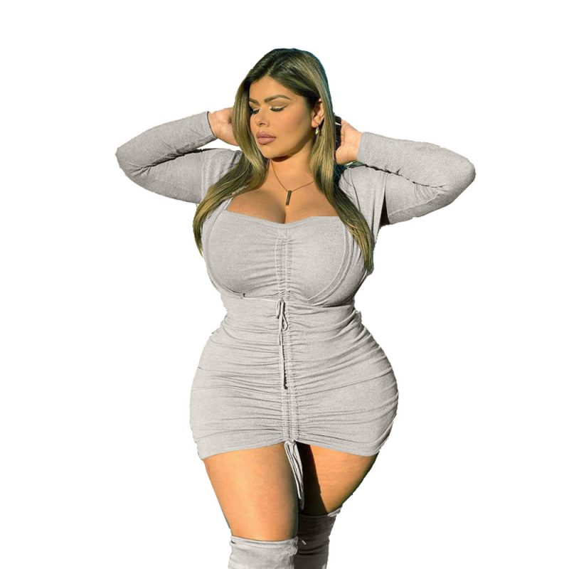 Plus Size Winter V-neck Short Solid Color Elegant Hip Dress Dress Tight Dress - Image 3