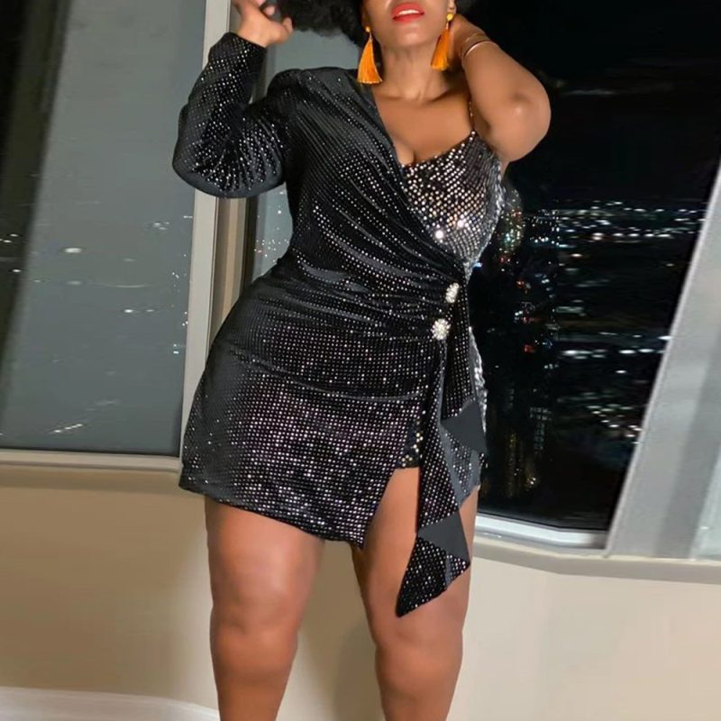Plus Size New Fashion Flannel Sequin Twill Sheath  Dress for Women Glitter - Image 2