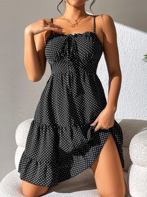 Dress Wrapped Chest Lace Up Polka Dots Strap Dress