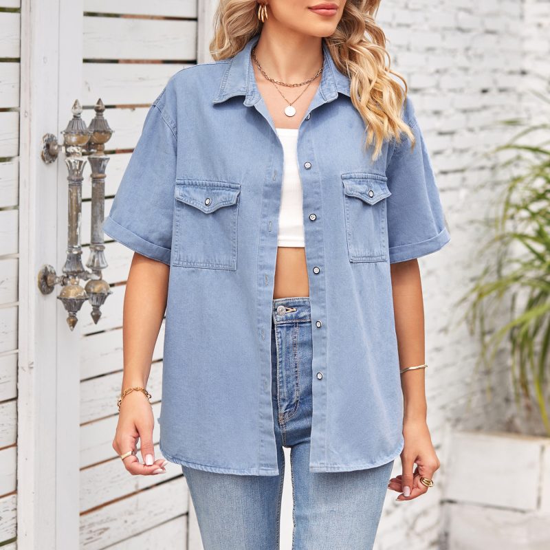 Trade Slimming Denim One Breasted Short Sleeve Casual Shirt Women - Image 3