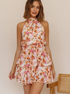 Summer New Sexy Backless Halter Strap Printing Sleeveless Dress for Women