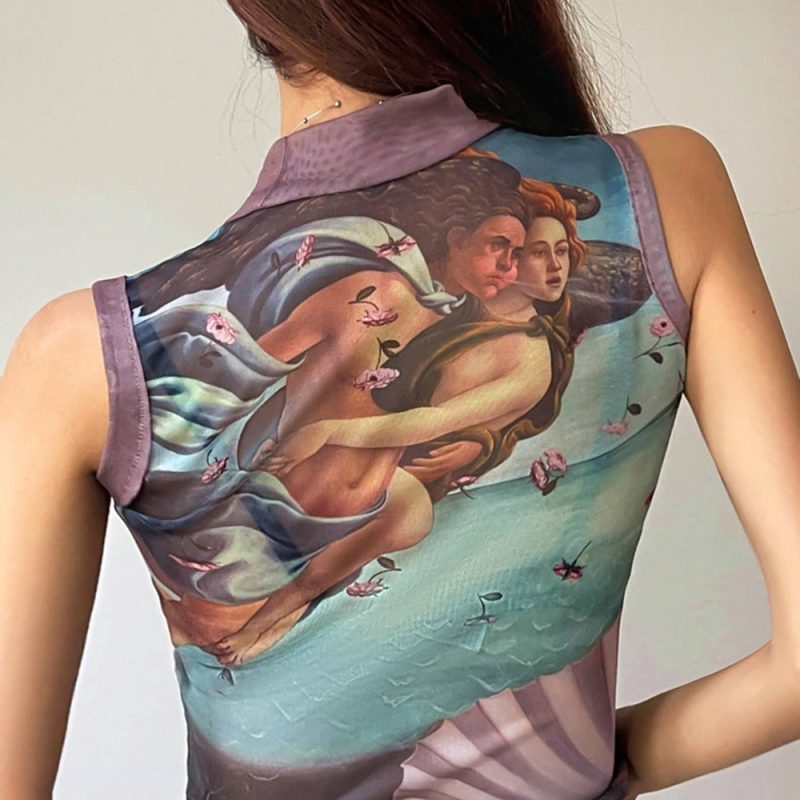 Summer Vintage Printed Short Half Turtleneck Sleeveless Cropped Small Vest Women - Image 4