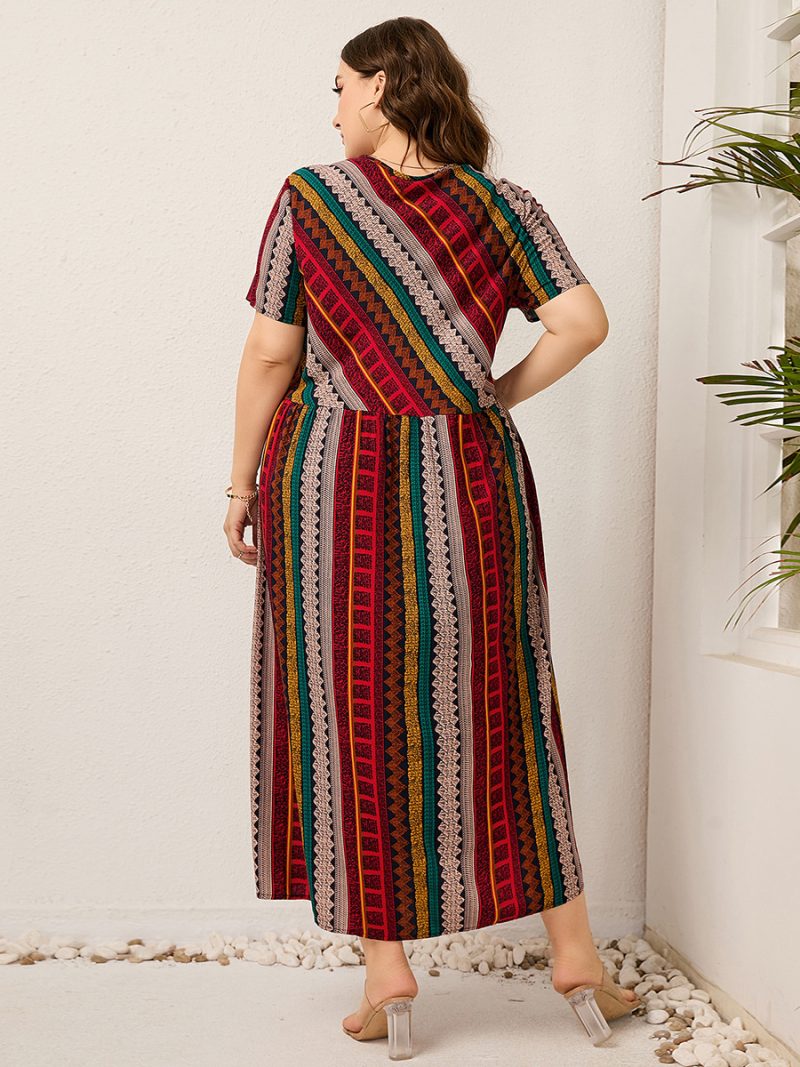 Plus Size Ladies  Women round Neck Twill Stitching Casual Printed Short Sleeves Dress - Image 3