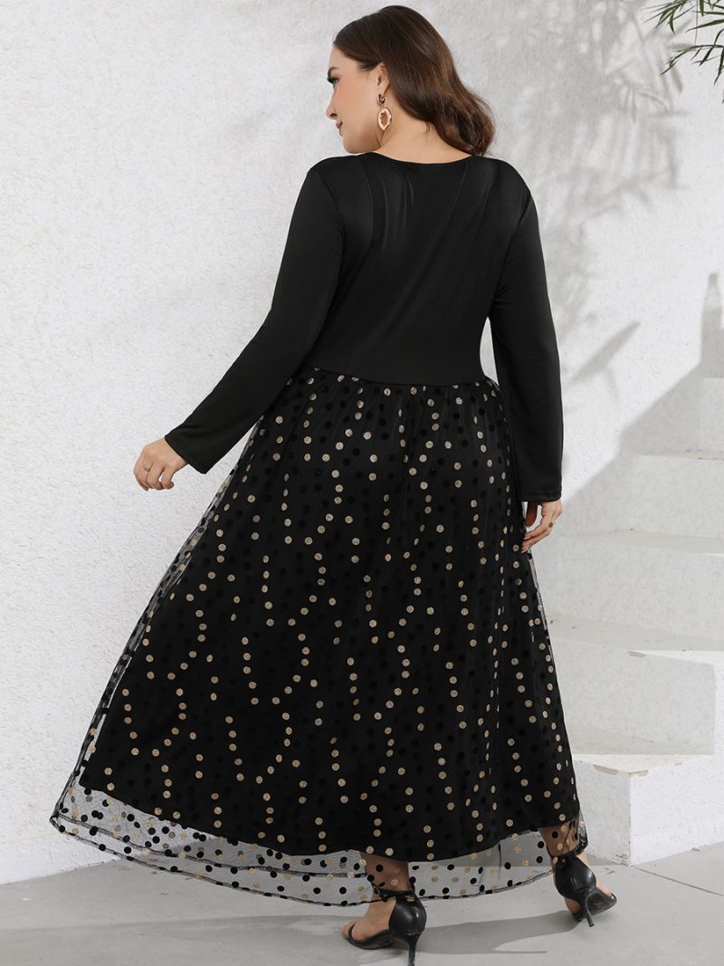 Plus Size Women Casual V Neck Long Sleeve Polka Dot Printed Pattern Swing Long Dress - Image 4