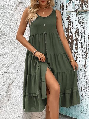 Summer Women Clothing Sleeveless Split Solid Color Dress