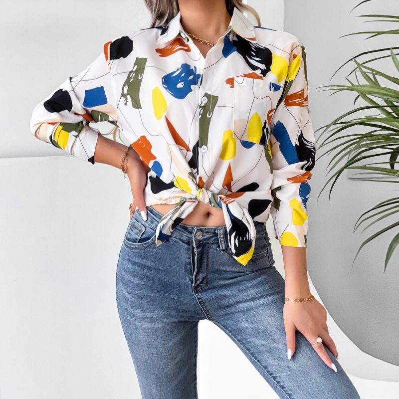 Women  Clothing Collared Print Shirt Long Sleeve Geometric Abstract - Image 3