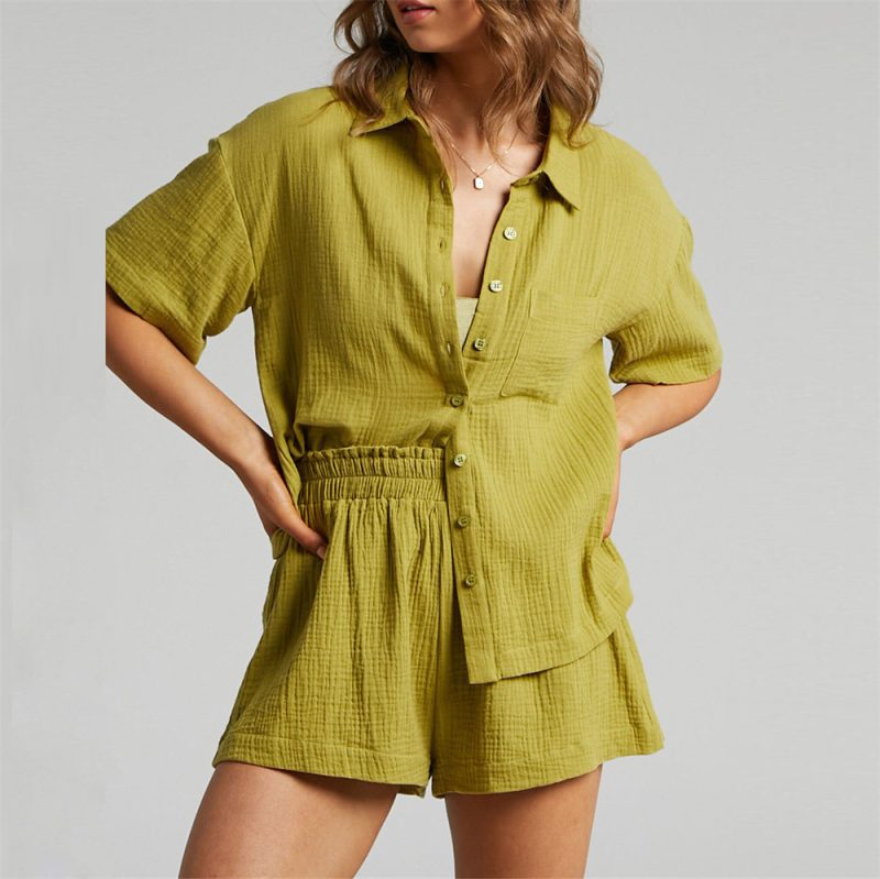 Solid Color Shirt Outfit Women  Casual Loose Short Sleeves Single Breasted Women  Clothing Spring Summer Shorts Two Piece Set - Image 2