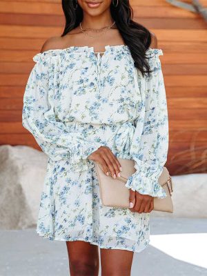 Spring Summer Women Clothing Floral Long Sleeve off Shoulder High Waist Casual Dress