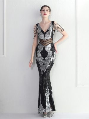 Positioning Floral Heavy Industry Beaded Long Fish Tail Evening Dress Suitable Attending Formal Occasions