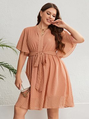 Plus Size Summer Orange V neck Lace up Waist Dress for Women